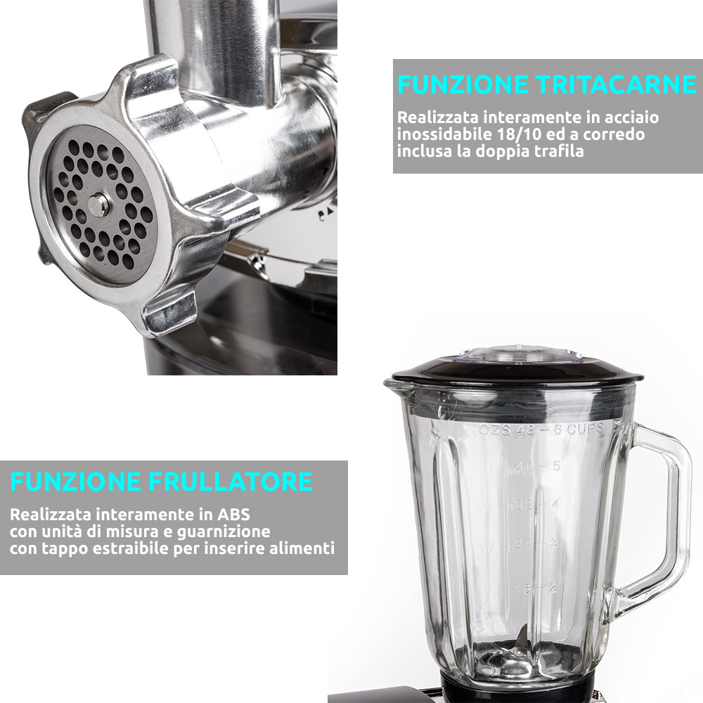 Robot da cucina tripla funzione planetaria, tritacarne frullatore da 2120W nero