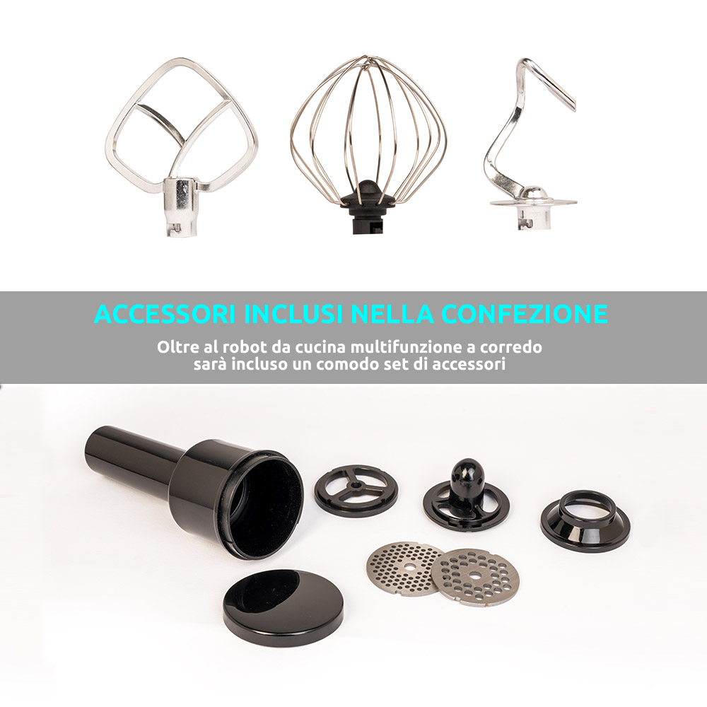 Robot da cucina tripla funzione planetaria, tritacarne frullatore da 2120W nero