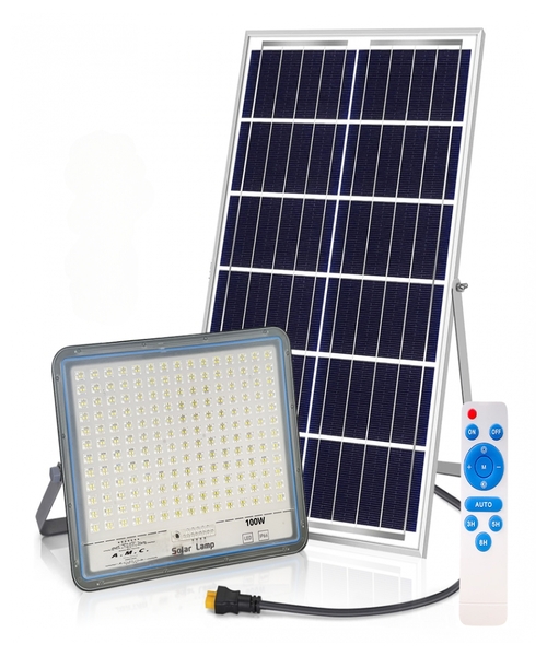 Faro a led 100W, pannello solare con sensore crepuscolare e telecomando, IP 67