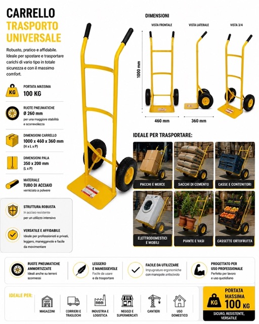 Carrello Portapacchi in Acciaio Trasloco Trasporto Carichi Pesanti Portata 100KG