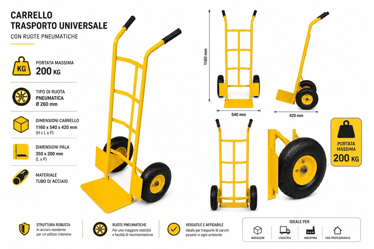 Carrello Portapacchi in Acciaio Trasloco Trasporto Carichi Pesanti Portata 200KG