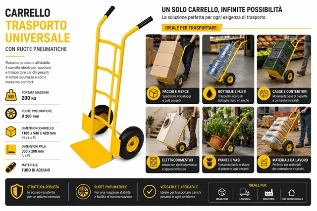 Carrello Portapacchi in Acciaio Trasloco Trasporto Carichi Pesanti Portata 200KG