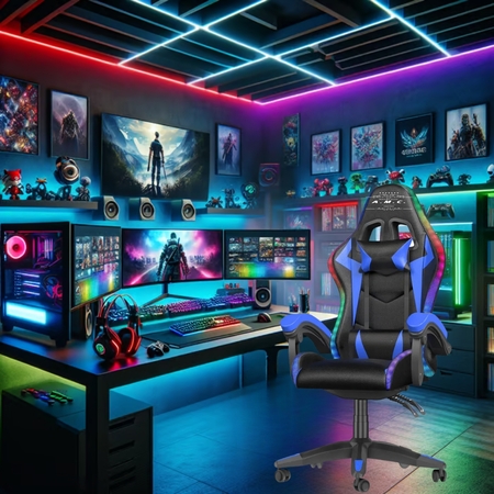 AMSTRAD AMS-700-LED-DARKSIDE Poltrona Gaming Con Illuminazione LED - 366 Effetti, Telecomando - Schienale Reclinabile 150°, Braccioli, Cuscini Lombari E Testa