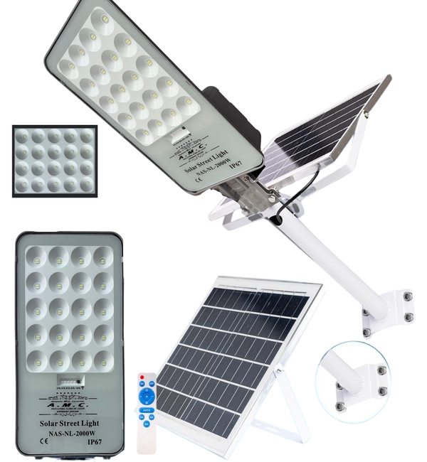 Lampione Solare 2000W a Led 6500K con pannello solare e telecomando IP67