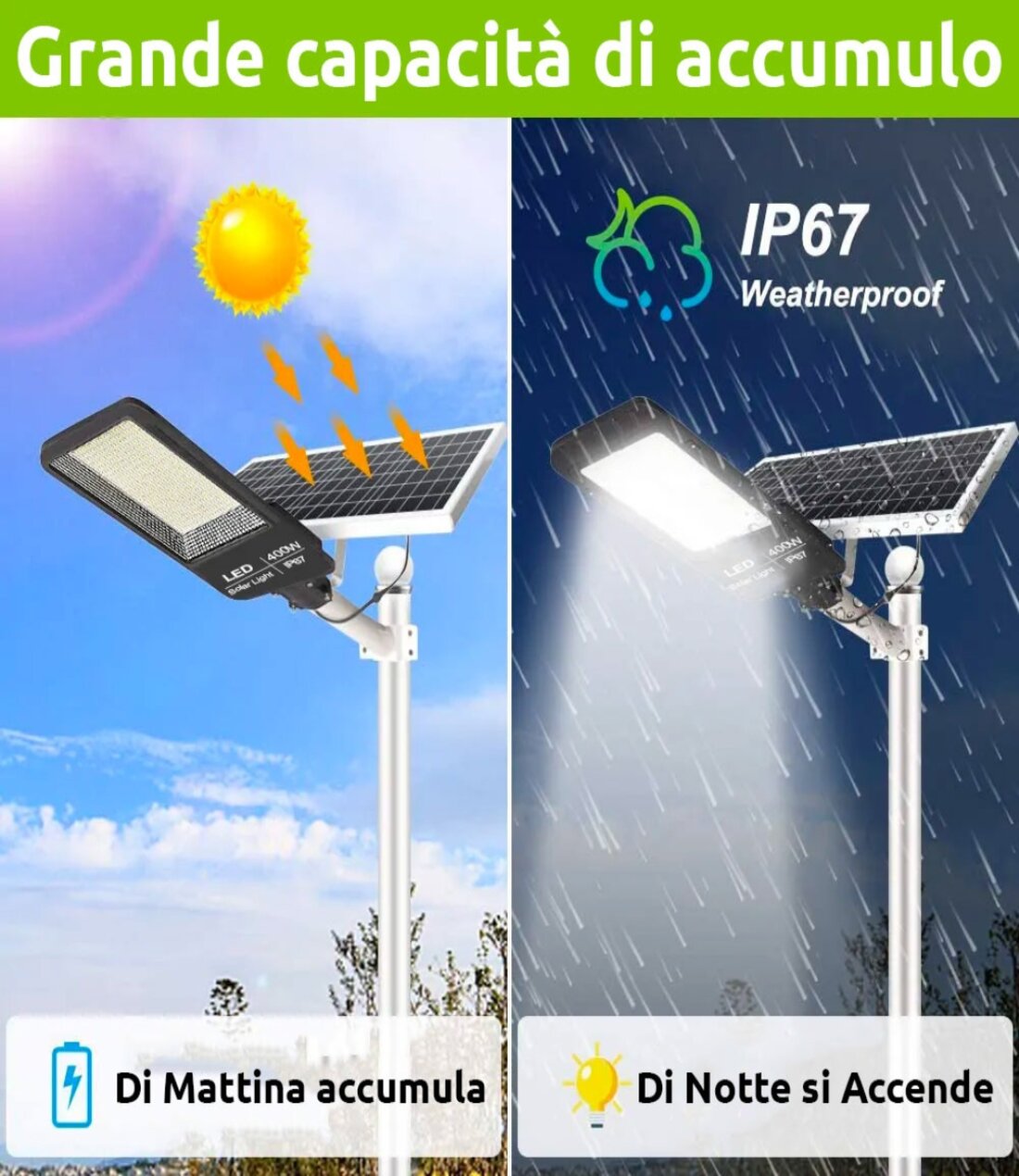 Lampione Solare 2000W a Led 6500K con pannello solare e telecomando IP67