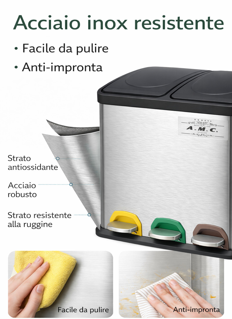 Set Pattumiera Raccolta Differenziata in Metallo 45 LT con Pedale 