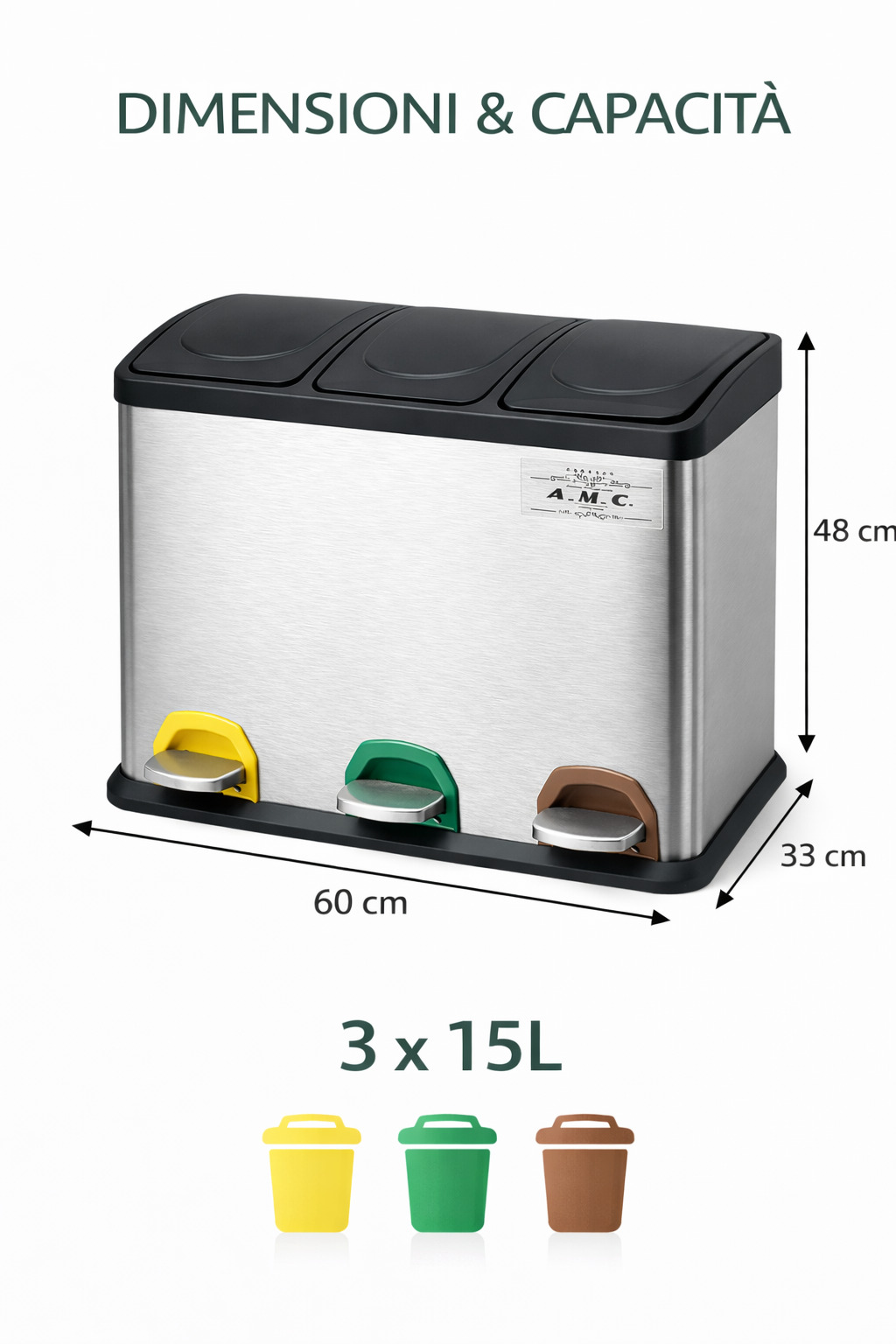 Set Pattumiera Raccolta Differenziata in Metallo 45 LT con Pedale 