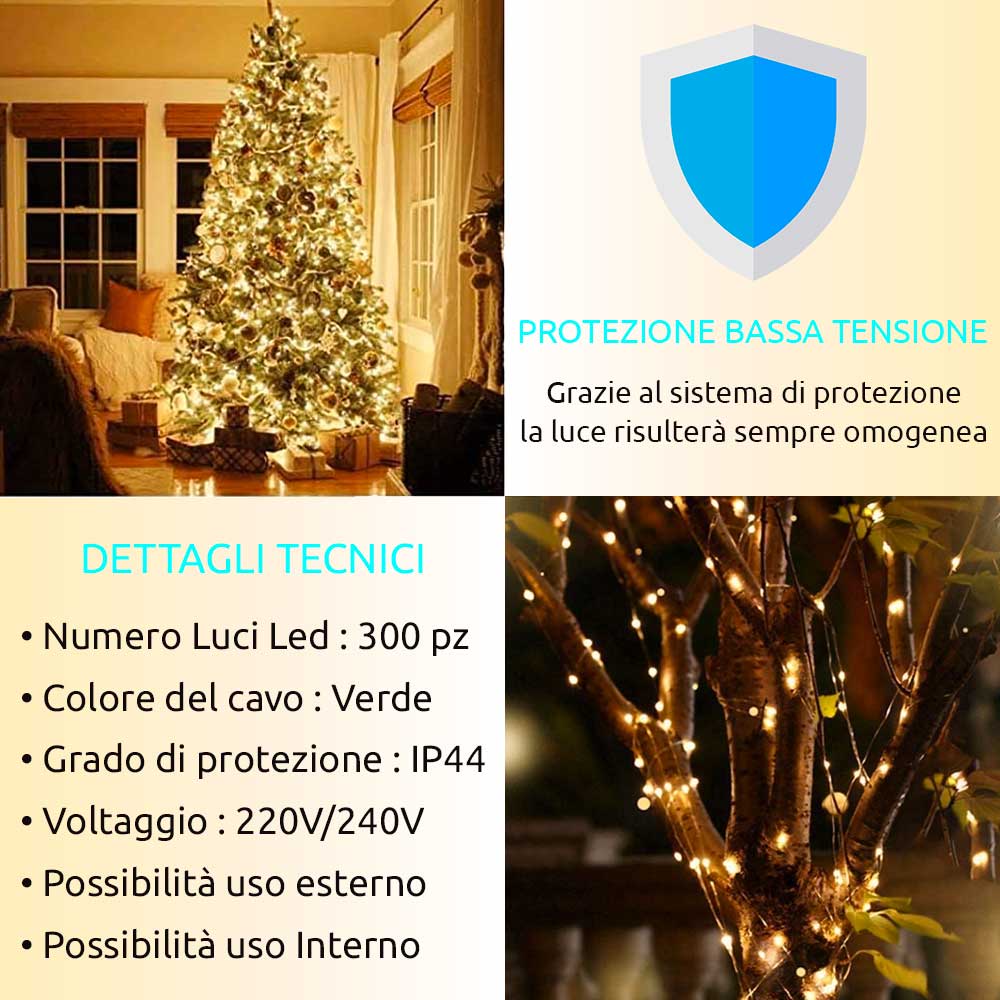 Luci natalizie 300led bianco caldo con controller animazioni uso interno esterno