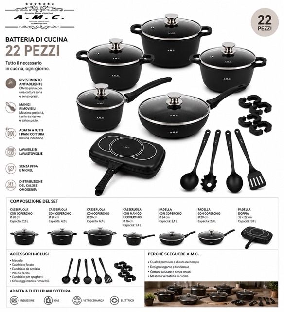Set di Pentole 22 Pezzi Antiaderenti con Bistecchiera Batteria di Pentole 