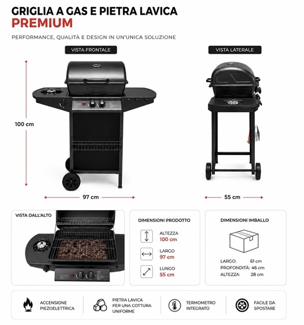 Barbecue A Gas Termometro Grill Pietra Portatile Con Fornello Laterale Ruote 