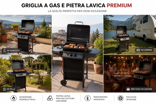 Barbecue A Gas Termometro Grill Pietra Portatile Con Fornello Laterale Ruote 