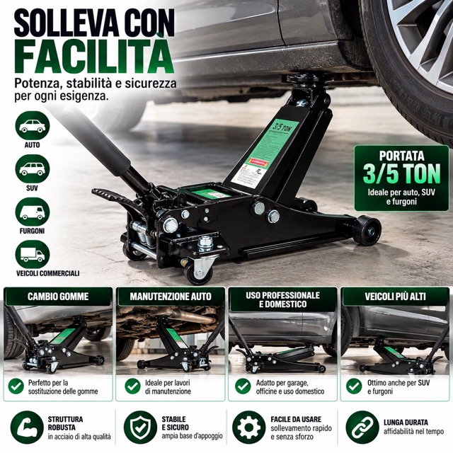 Cric Sollevatore idraulico professionale 3/5T ruote bidirezionali con pedale