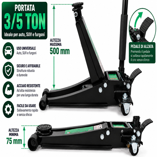 Cric Sollevatore idraulico professionale 3/5T ruote bidirezionali con pedale