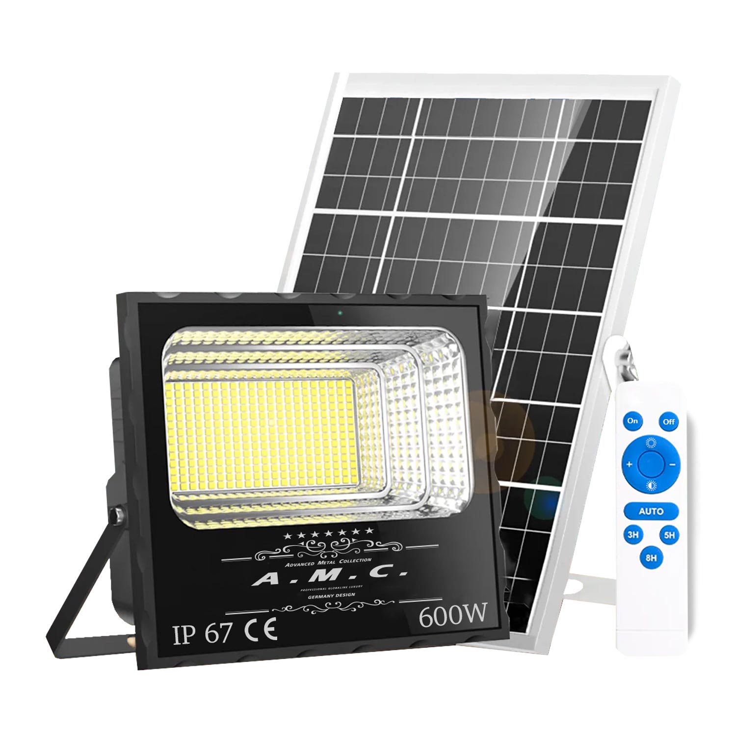 Faro a led 600w, pannello solare con sensore crepuscolare e telecomando, ip 67.