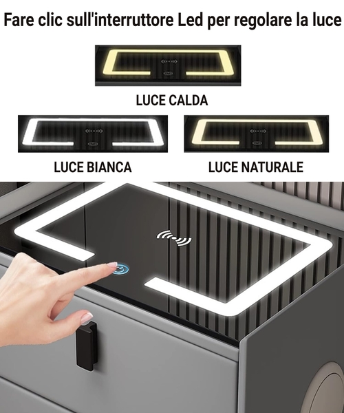 Comodino Intelligente con Ricarica Wireless e USB, Altoparlante Bluetooth, Led 