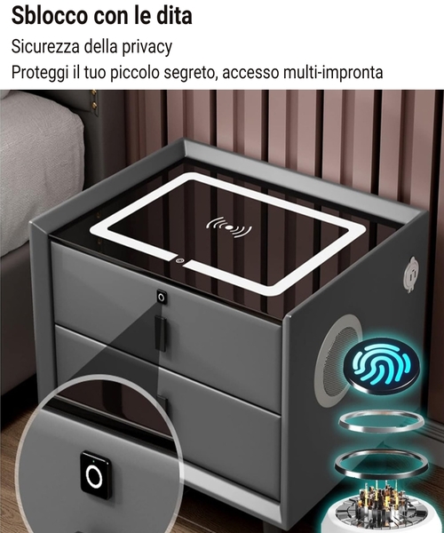 Comodino Intelligente con Ricarica Wireless e USB, Altoparlante Bluetooth, Led 
