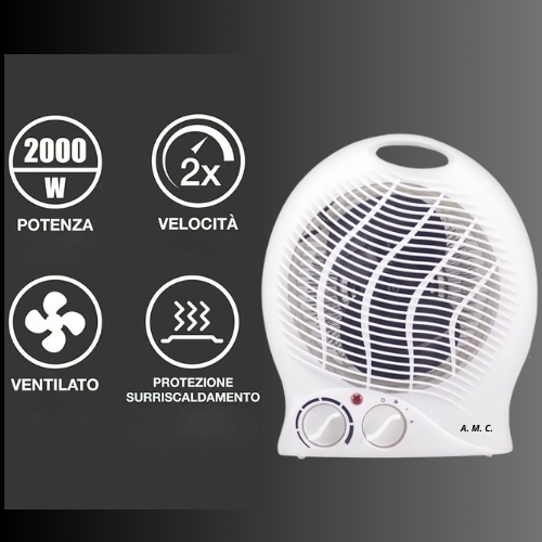 Caldo Bagno Elettrico 2000W Termoventilatore Riscaldamento Silenzioso 2 Potenze