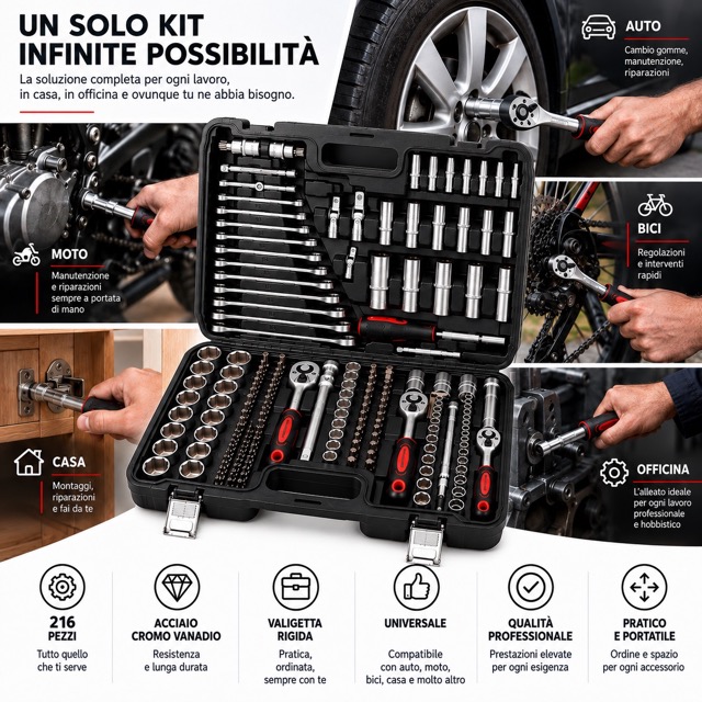 Set Valigetta Attrezzi 216 Pezzi Kit Chiavi a Bussola, Chiavi a Cricchetto