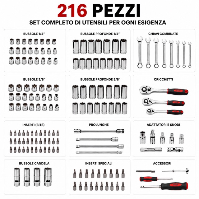 Set Valigetta Attrezzi 216 Pezzi Kit Chiavi a Bussola, Chiavi a Cricchetto