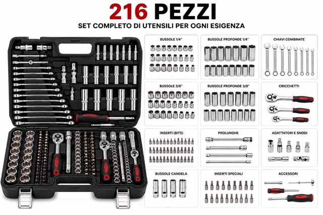Set Valigetta Attrezzi 216 Pezzi Kit Chiavi a Bussola, Chiavi a Cricchetto
