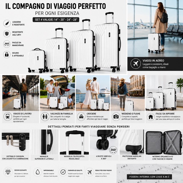 Set 4 Valigie da Viaggio Rigide + Beauty Case Trolley 4 Ruote 360 con Chiusura 