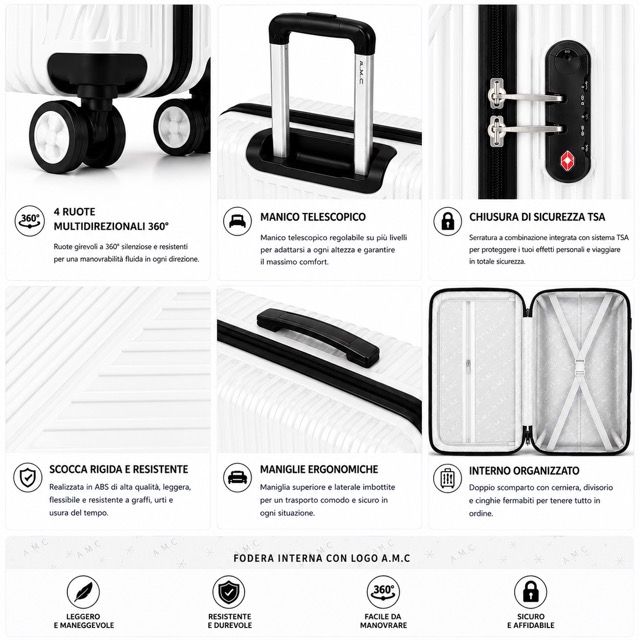 Set 4 Valigie da Viaggio Rigide + Beauty Case Trolley 4 Ruote 360 con Chiusura 