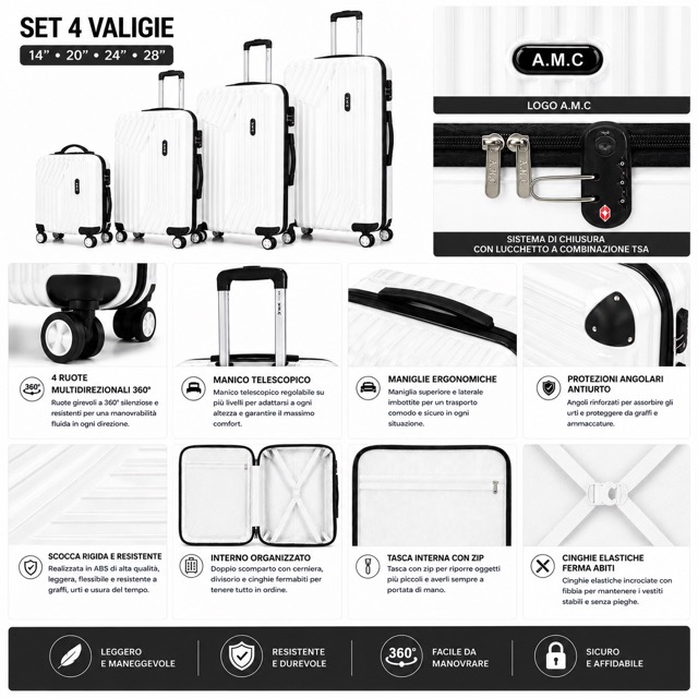 Set 4 Valigie da Viaggio Rigide + Beauty Case Trolley 4 Ruote 360 con Chiusura 