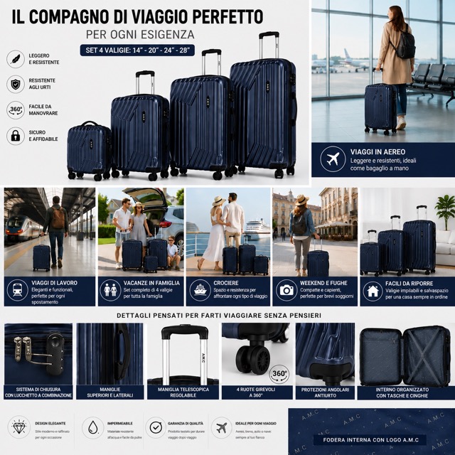 Set 4 Valigie da Viaggio Rigide + Beauty Case Trolley 4 Ruote 360 con Chiusura 