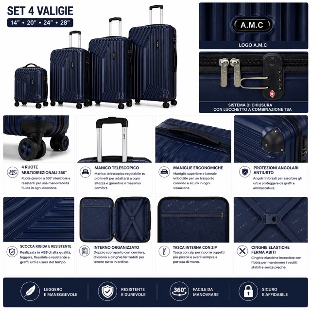 Set 4 Valigie da Viaggio Rigide + Beauty Case Trolley 4 Ruote 360 con Chiusura 