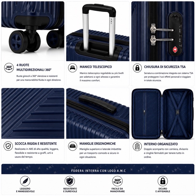 Set 4 Valigie da Viaggio Rigide + Beauty Case Trolley 4 Ruote 360 con Chiusura 