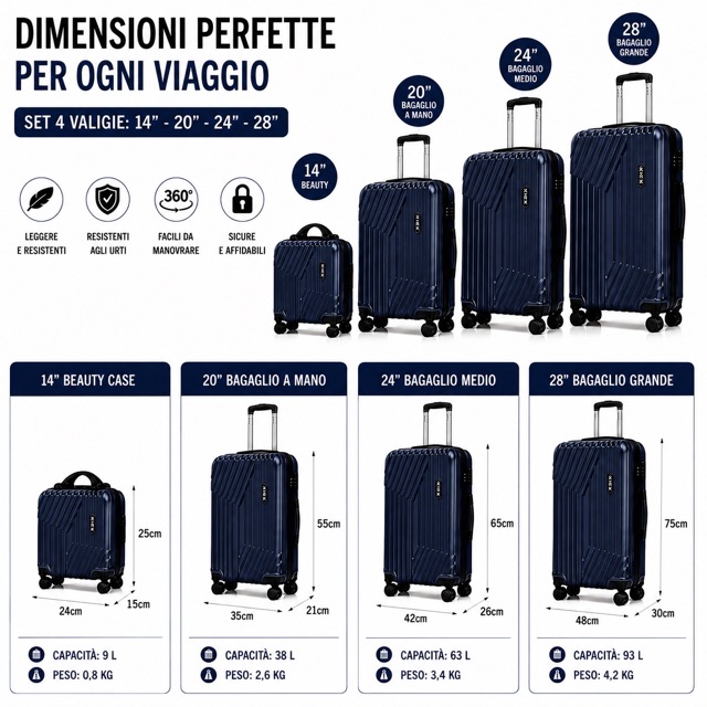 Set 4 Valigie da Viaggio Rigide + Beauty Case Trolley 4 Ruote 360 con Chiusura 