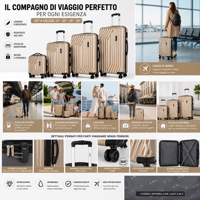 Set 4 Valigie da Viaggio Rigide + Beauty Case Trolley 4 Ruote 360 con Chiusura 