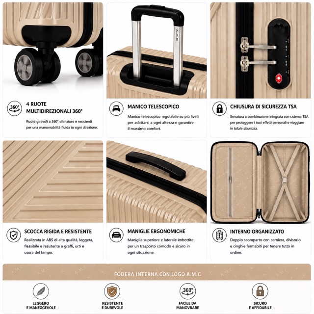 Set 4 Valigie da Viaggio Rigide + Beauty Case Trolley 4 Ruote 360 con Chiusura 