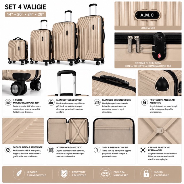 Set 4 Valigie da Viaggio Rigide + Beauty Case Trolley 4 Ruote 360 con Chiusura 