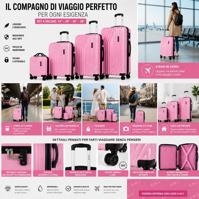 Set 4 Valigie da Viaggio Rigide + Beauty Case Trolley 4 Ruote 360 con Chiusura 