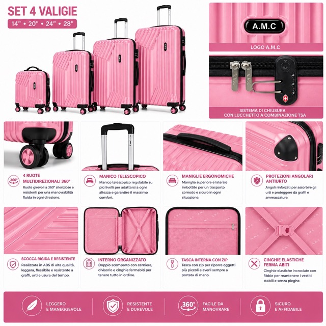 Set 4 Valigie da Viaggio Rigide + Beauty Case Trolley 4 Ruote 360 con Chiusura 