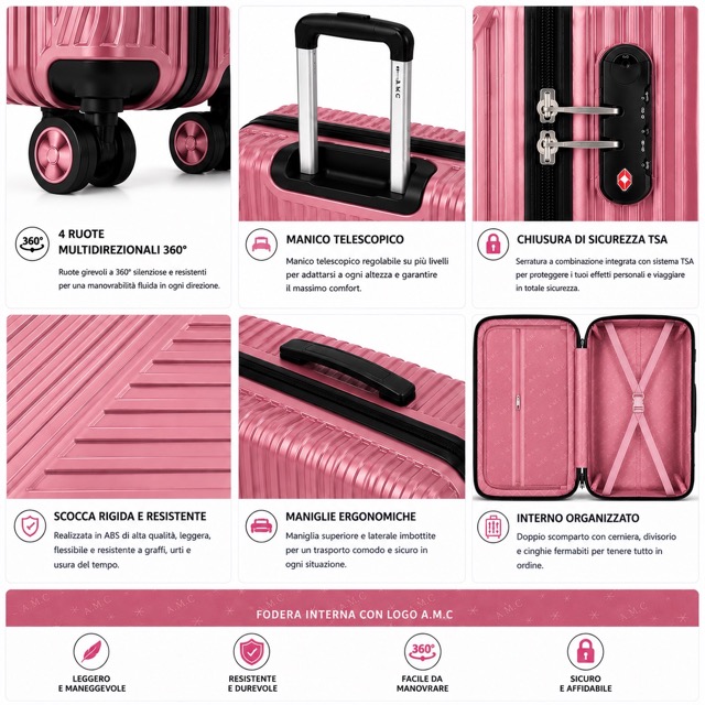 Set 4 Valigie da Viaggio Rigide + Beauty Case Trolley 4 Ruote 360 con Chiusura 