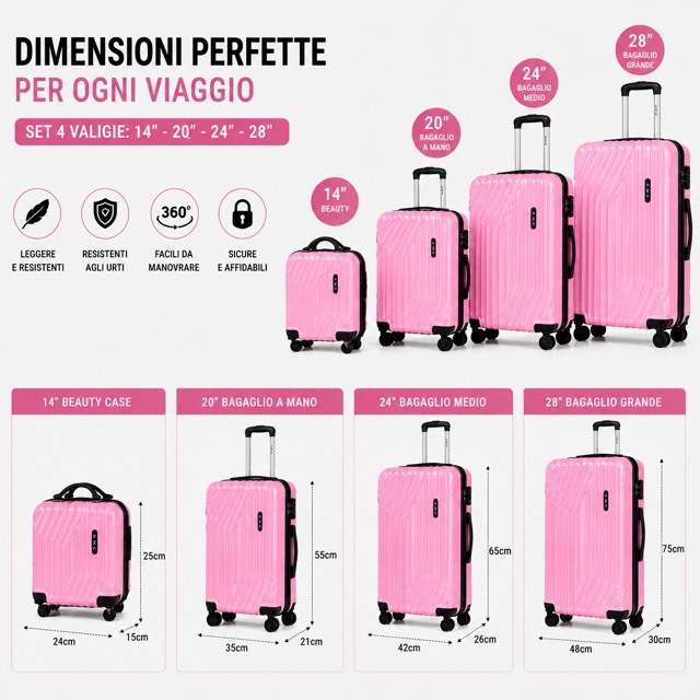 Set 4 Valigie da Viaggio Rigide + Beauty Case Trolley 4 Ruote 360 con Chiusura 