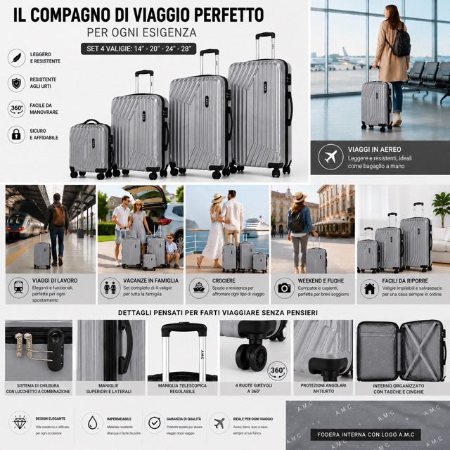 Set 4 Valigie da Viaggio Rigide + Beauty Case Trolley 4 Ruote 360 con Chiusura 