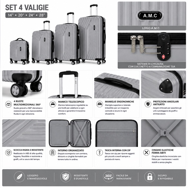 Set 4 Valigie da Viaggio Rigide + Beauty Case Trolley 4 Ruote 360 con Chiusura 