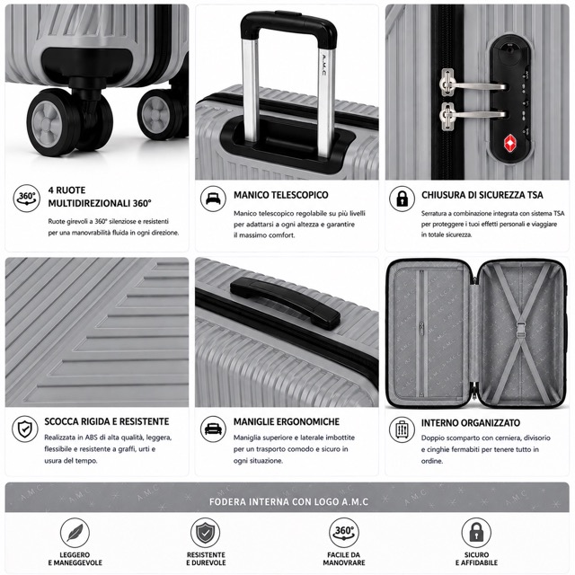 Set 4 Valigie da Viaggio Rigide + Beauty Case Trolley 4 Ruote 360 con Chiusura 