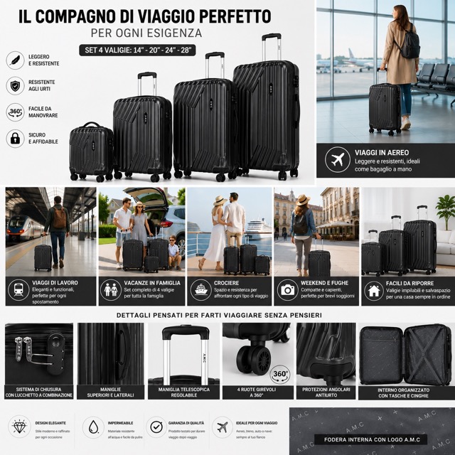 Set 4 Valigie da Viaggio Rigide + Beauty Case Trolley 4 Ruote 360 con Chiusura 