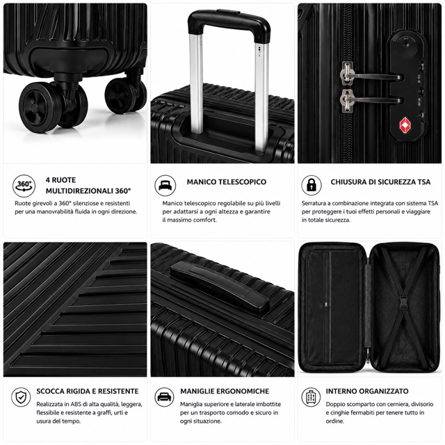 Set 4 Valigie da Viaggio Rigide + Beauty Case Trolley 4 Ruote 360 con Chiusura 