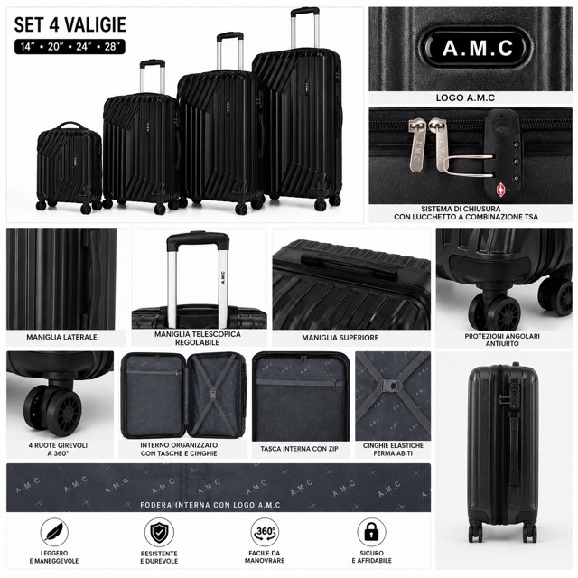 Set 4 Valigie da Viaggio Rigide + Beauty Case Trolley 4 Ruote 360 con Chiusura 