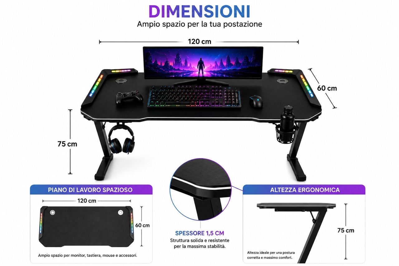 Scrivania Gaming con LED RGB Multicolore 120 x 60 cm Tavolo PC