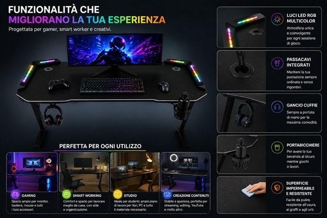 Scrivania Gaming con LED RGB Multicolore 120 x 60 cm Tavolo PC