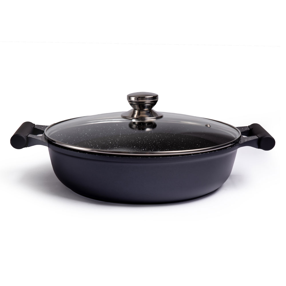 Casseruola bassa 34 cm in alluminio pressofuso con coperchio in vetro temperato