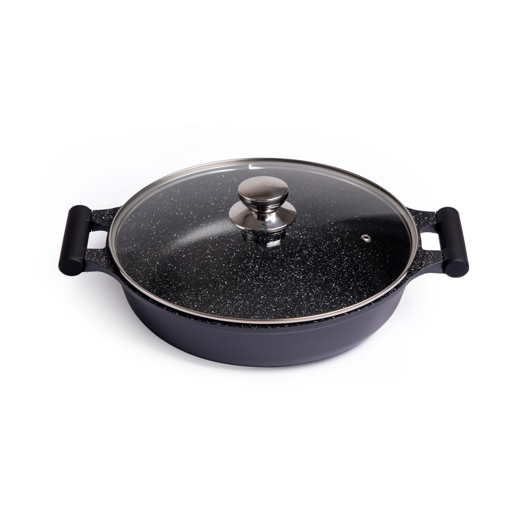 Casseruola bassa 34 cm in alluminio pressofuso con coperchio in vetro temperato