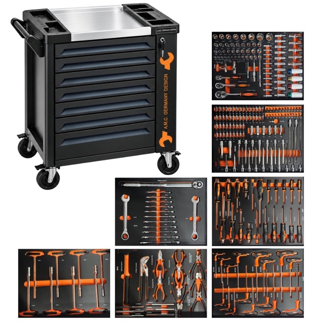 Carrello porta attrezzi con ruote completo di utensili 7 cassetti 258 pezzi