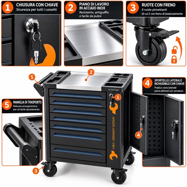 Carrello porta attrezzi con ruote completo di utensili 7 cassetti 258 pezzi